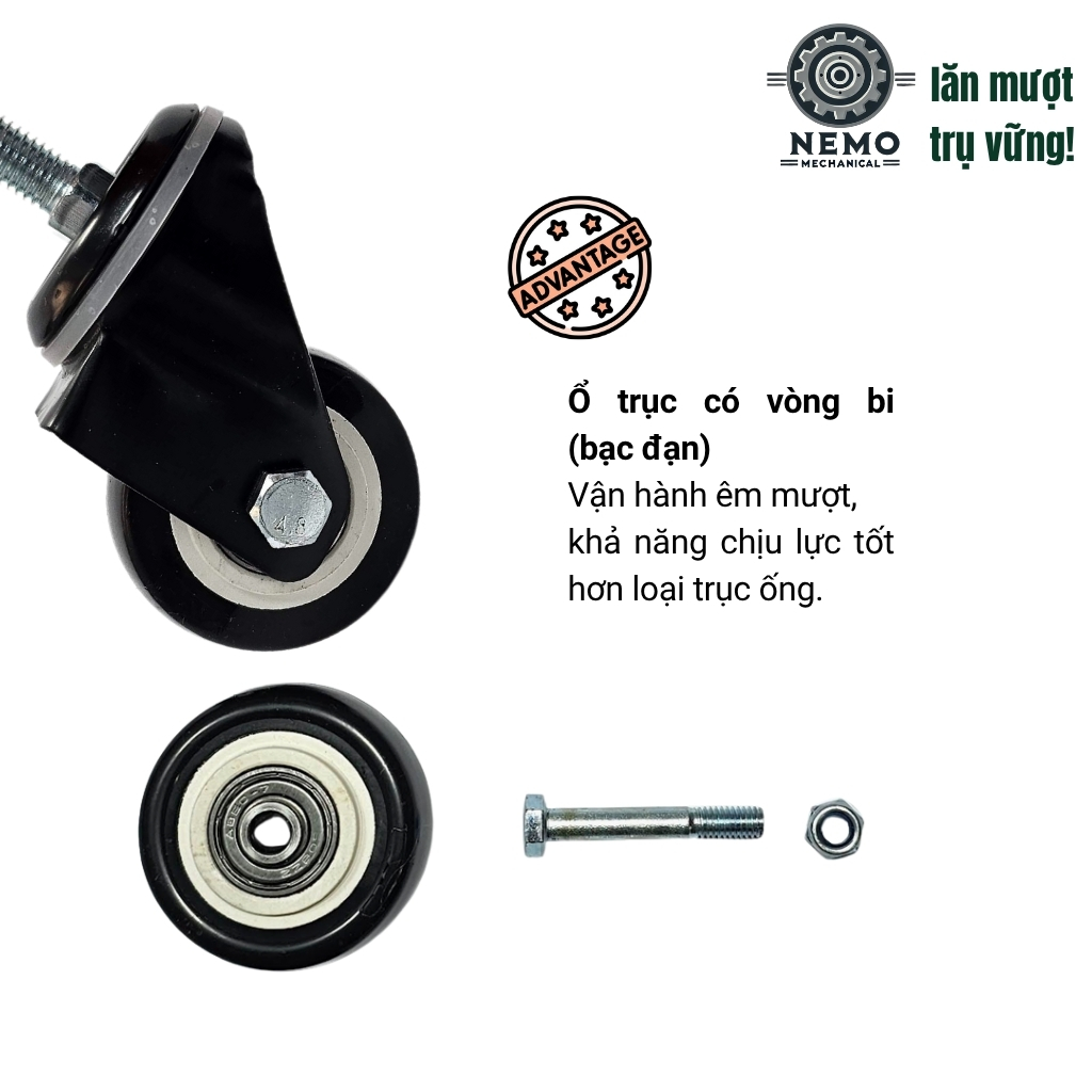 Bánh xe đẩy hàng đen trắng, loại cọc vít, có bạc đạn, đường kính bánh 4cm và 5cm, 40-50kg/1bánh